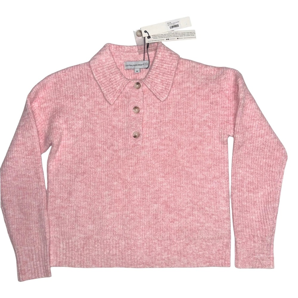 Central Park West Girls Pink Lottie Pullover Fuzzy Knit Polo Sweater Size M NEW
